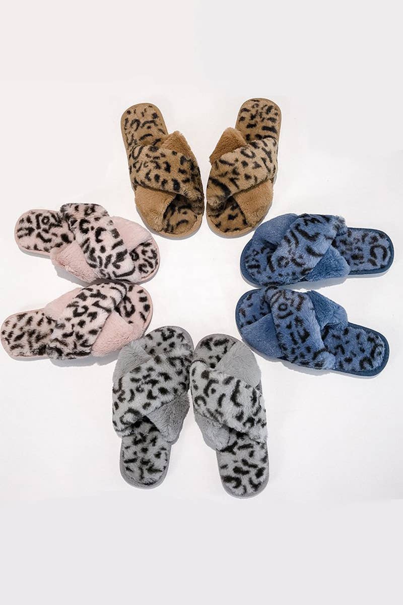 LEOPARD PATTERN CROSS FLUFFY HOME BEDROOM SLIPPERS