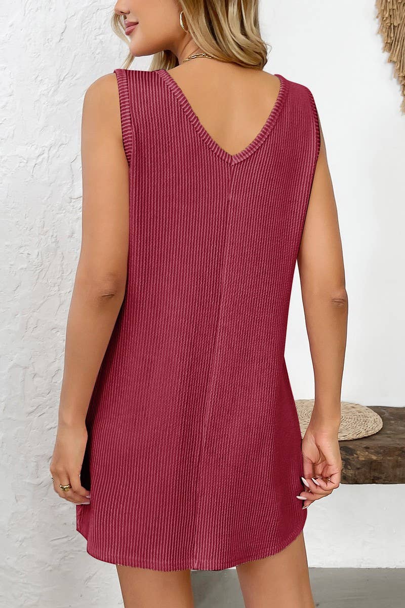 CWDSD6680_SOLID COLOR PULLOVER SLEEVELESS VEST POCKET DRESS