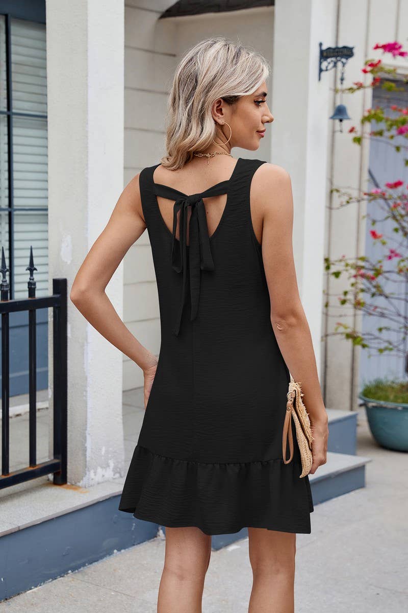 CWDSD7280_SOLID COLOR ROUND NECK BACK TIE VEST DRESS