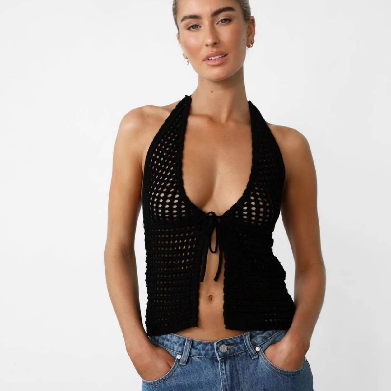 SEXY COMFORTABLE PICK HOLE CARDIGAN HALTER TOP