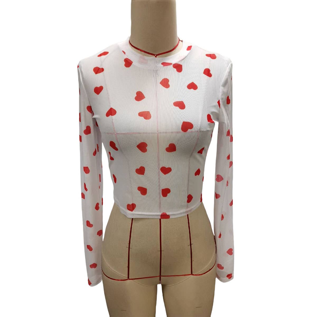 CUTE HEART PRINT MESH ROUND NECK LONG SLEEVE TOP