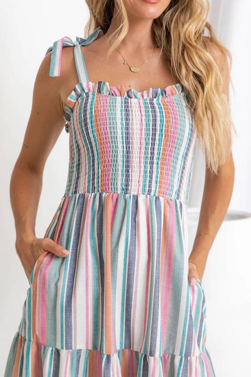CWDMD5325_RAINBOW STRIPED TIE BACK SPAGHETTI STRAP DRESS