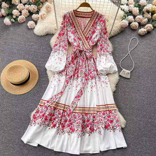 LONG-SLEEVED PRINTED BOHO WAISTED DRESS