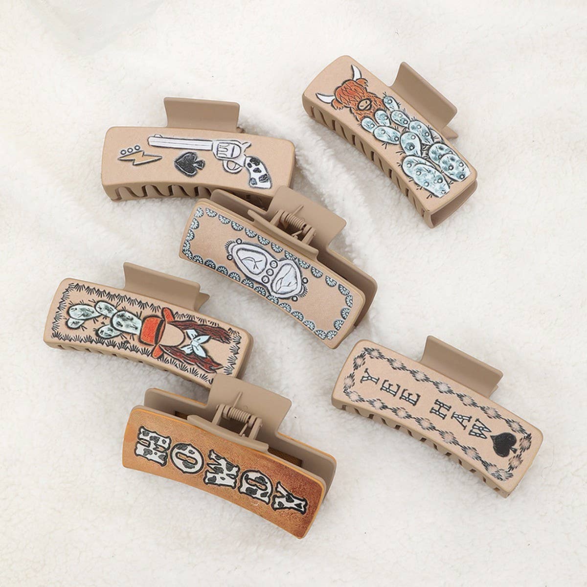 WESTERN COWBOY STYLE CACTUS LEATHER HAIRCLAW CLIPS