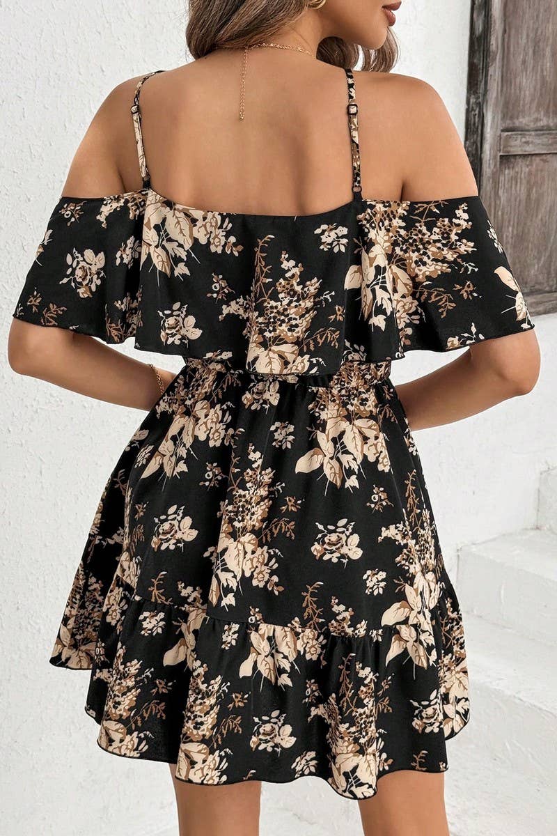 CWDHL0971_WOMEN'S ELEGANT PRINTED SLING WAIST RUFFLE DRESS