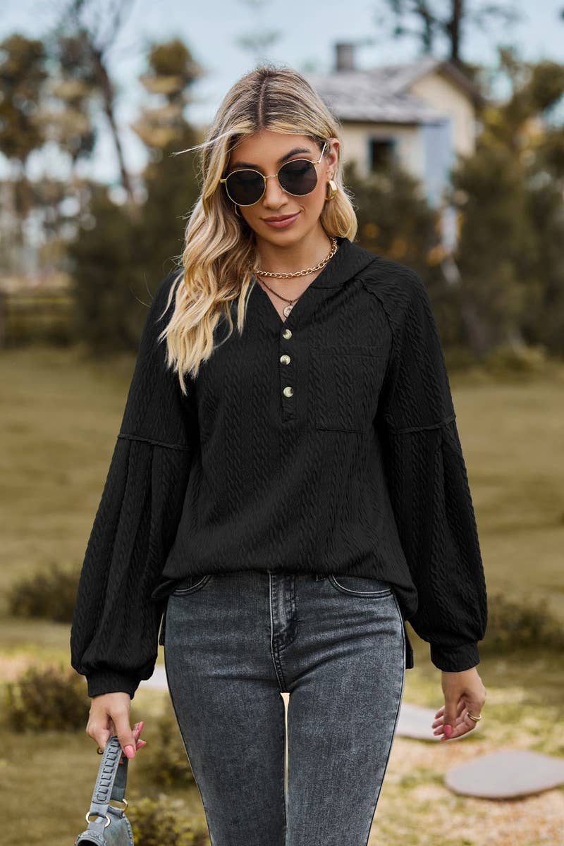 CWOHOL0738_BALLOON SLEEVE HOODED BUTTON LOOSE SWEATSHIRT