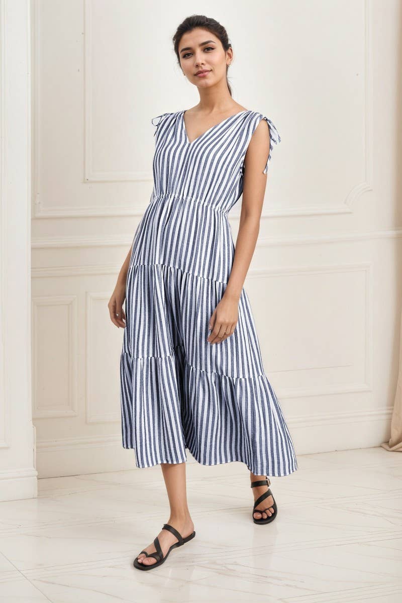 CWDMD6408_BOHEMIAN V-NECK STRIPED MIDI DRESS