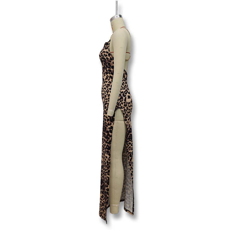 Irregular high-slit fashionable leopard dress