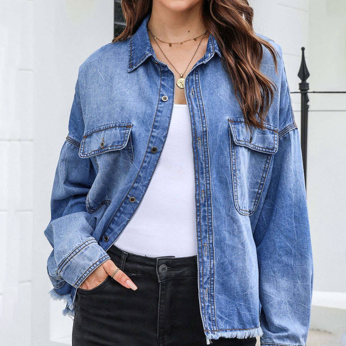 DROP SHOULDER VINTAGE DENIM SHIRT WITH OLD LAPELS