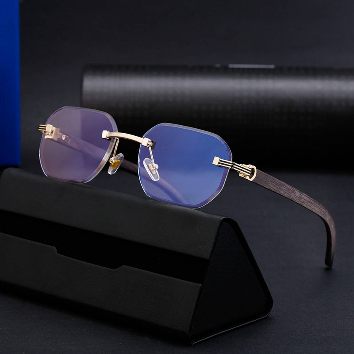 CUT EDGE RIMLESS FAUX WOOD GRAIN TEMPLE SUNGLASSES