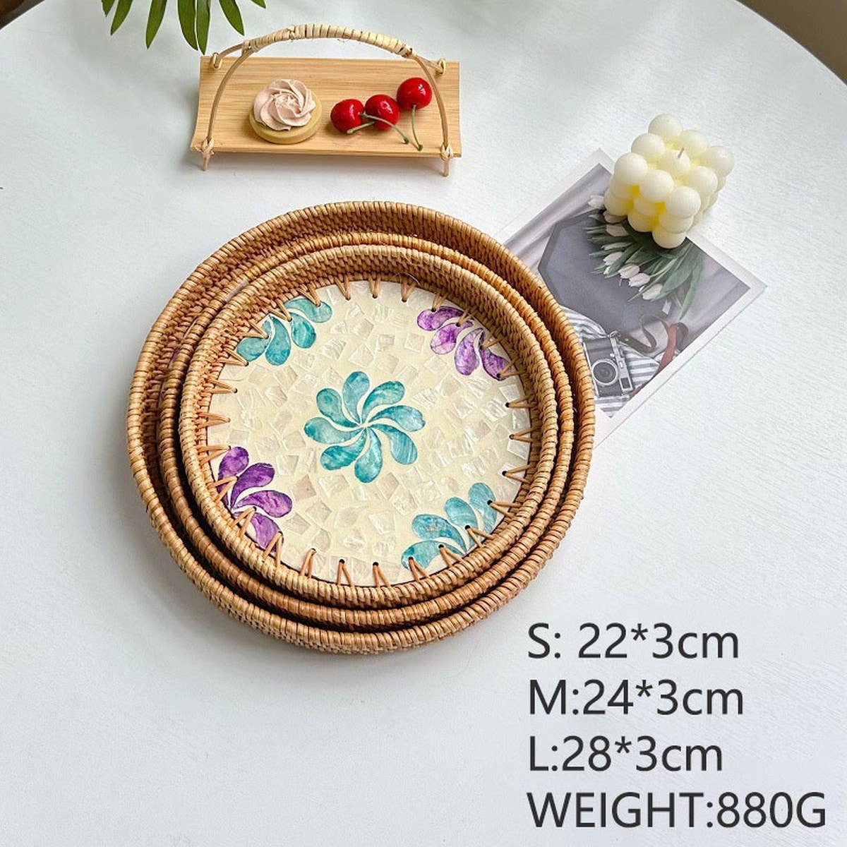 RATTAN COLORFUL SHELL FRUIT TRAY THREE-PIECE SET_CWMM4428