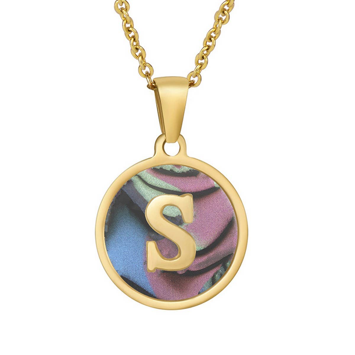 CWAJE1936_Round Stainless Steel Color Shell Letter Necklace