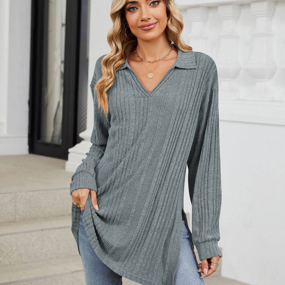 Lapel slit long sleeve loose long T-shirt