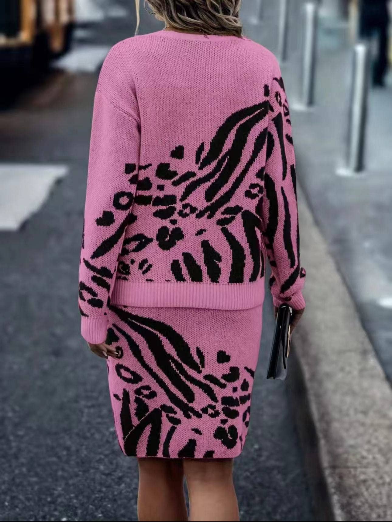 JACQUARD LONG-SLEEVED CREW-NECK SWEATER SET SKIRT