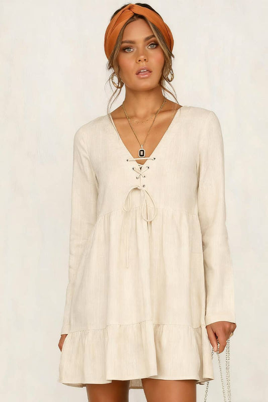 Rivet laced cotton linen long-sleeved dress