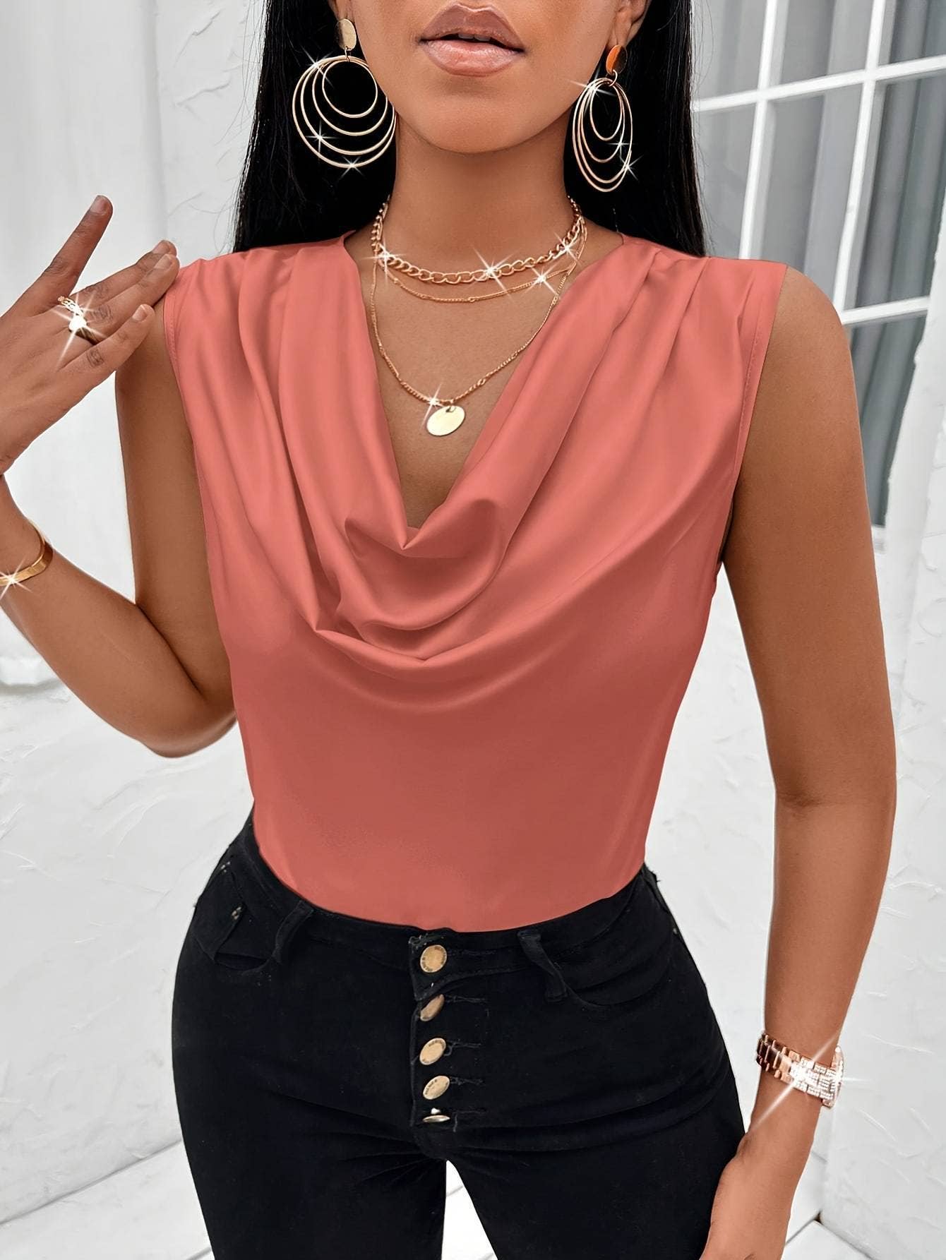 Sexy swing neck tank top sleeveless satin Top