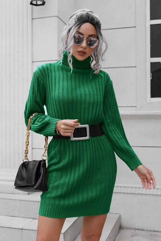 CWDSD5969_RIBBED TURTLENECK KNITTED SWEATER DRESS