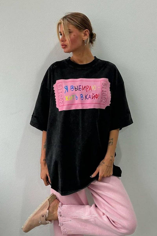 Cwtts1278_Letter Print Contrasting Color Crew Neck T-Shirt