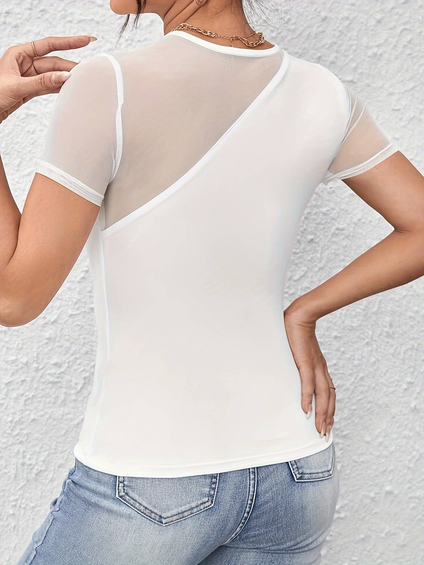 Sexy solid-color mesh fabric patchwork T-shirt