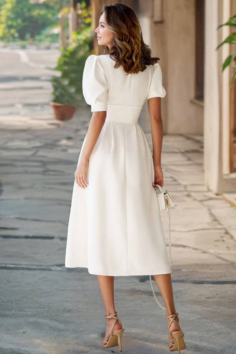 CWDMD6126_SOLID V-NECK LANTERN SLEEVE BODYCON DRESS