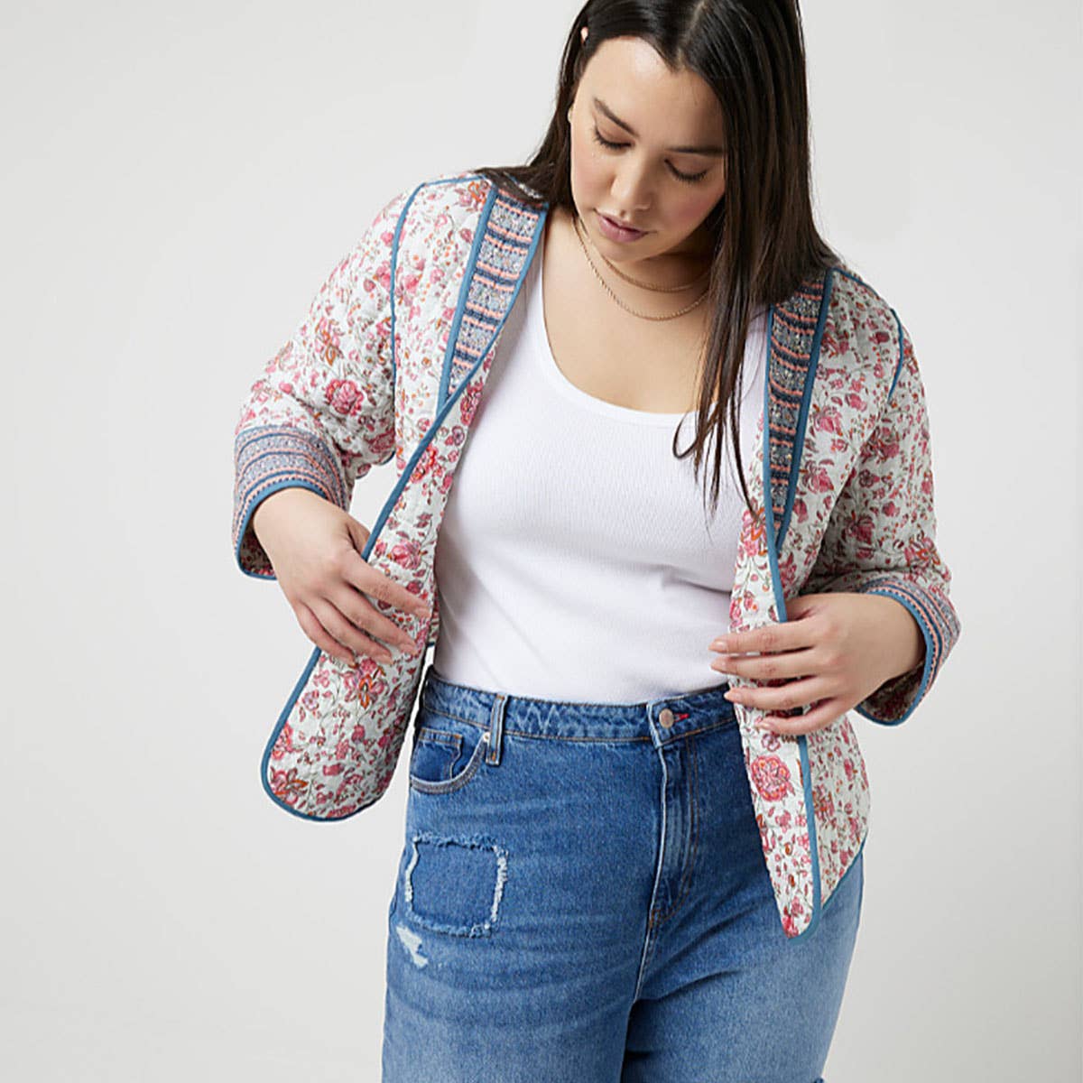 V-NECK CARDIGAN COLORBLOCK PRINT QUILTED JACKET