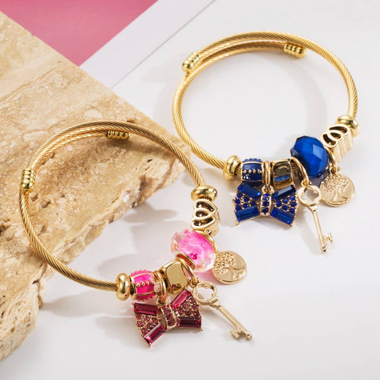 Gold Crystal Bow Charm Bracelet for Women