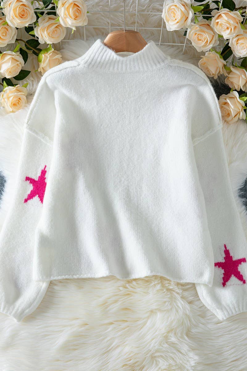 CWOSWL07457_CASUAL LOOSE HIGH NECK STAR PATTERN KNIT SWEATER