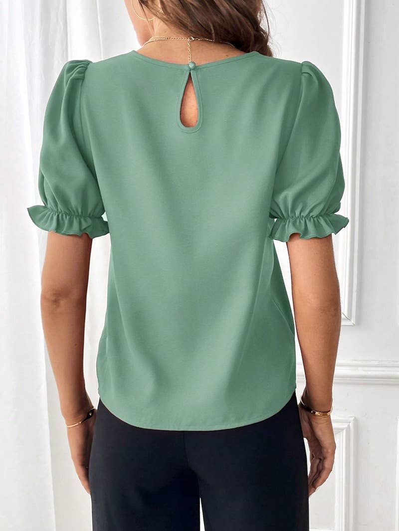 Stylish solid color puffed sleeve crew-neck shirt
