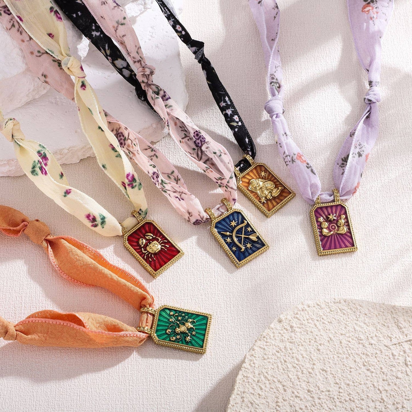 Handmade Zodiac Silk Scarf Necklace with Enamel