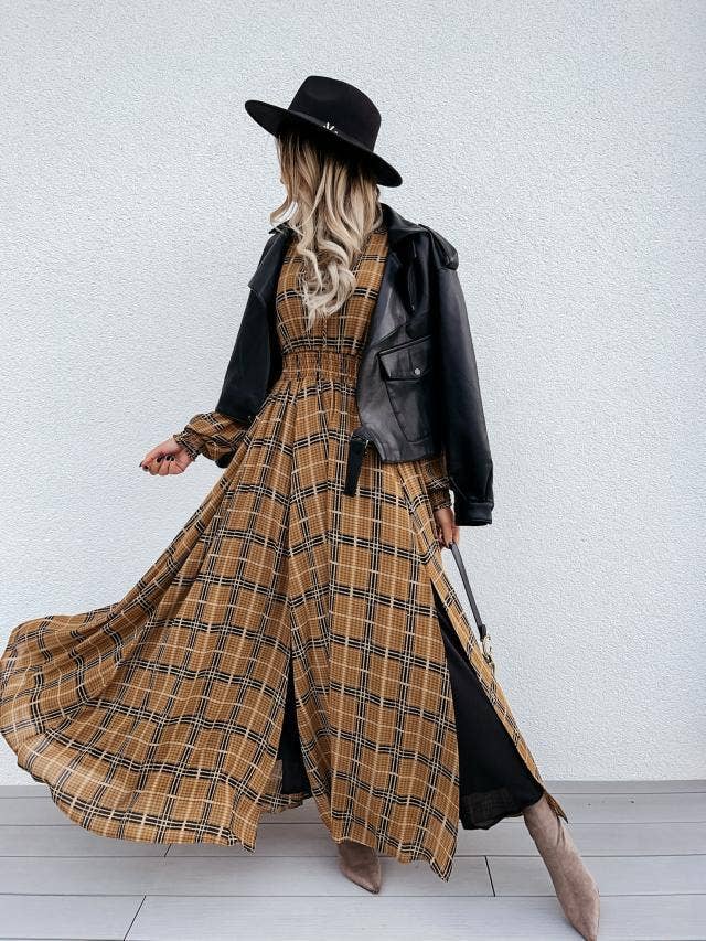 PLAID PRINT LONG-SLEEVED WAIST SLIT DRESS