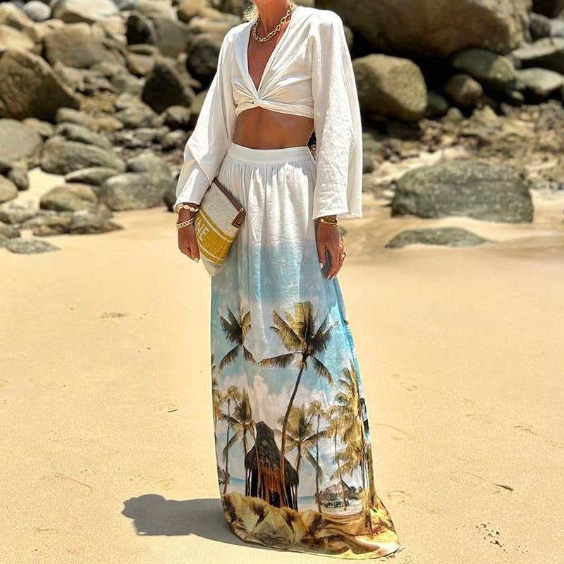 PRINTED BEACH SKIRT CROP TOP TWO-PIECE SET