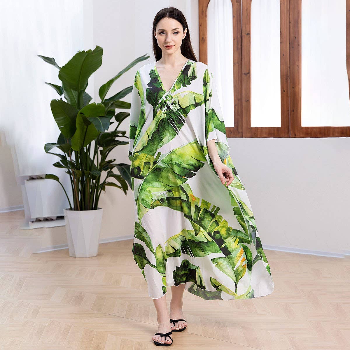 Banana Leaf Crochet Front Beach Cover-Up Robe_CWMM6207