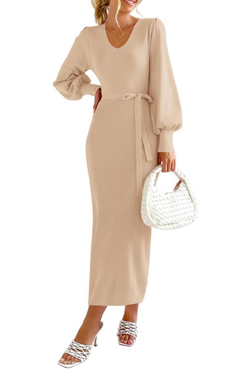 Lantern sleeve slim slim long solid color knit dress