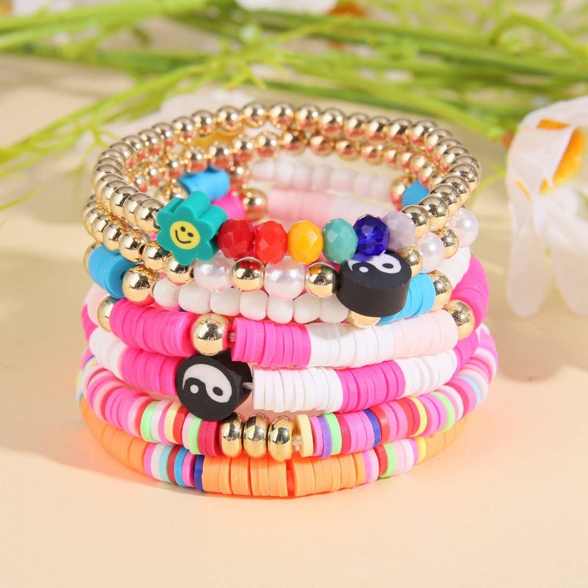 RAINBOW IMITATION PEARL 8-PIECE BRACELET SET_CWMM3511
