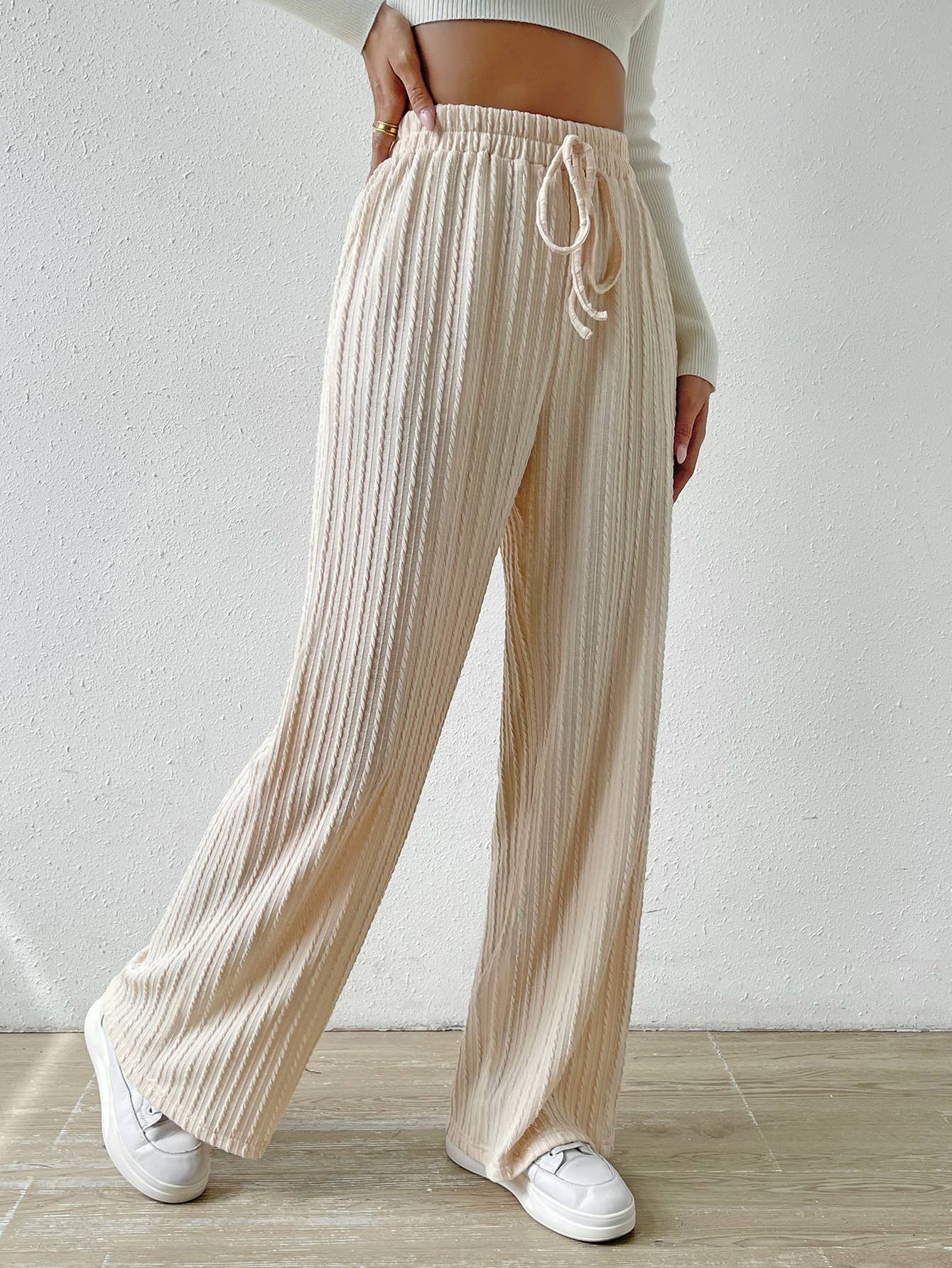 KNIT WIDE LEG STRAIGHT PANTS WITH WAIST TEXTURE