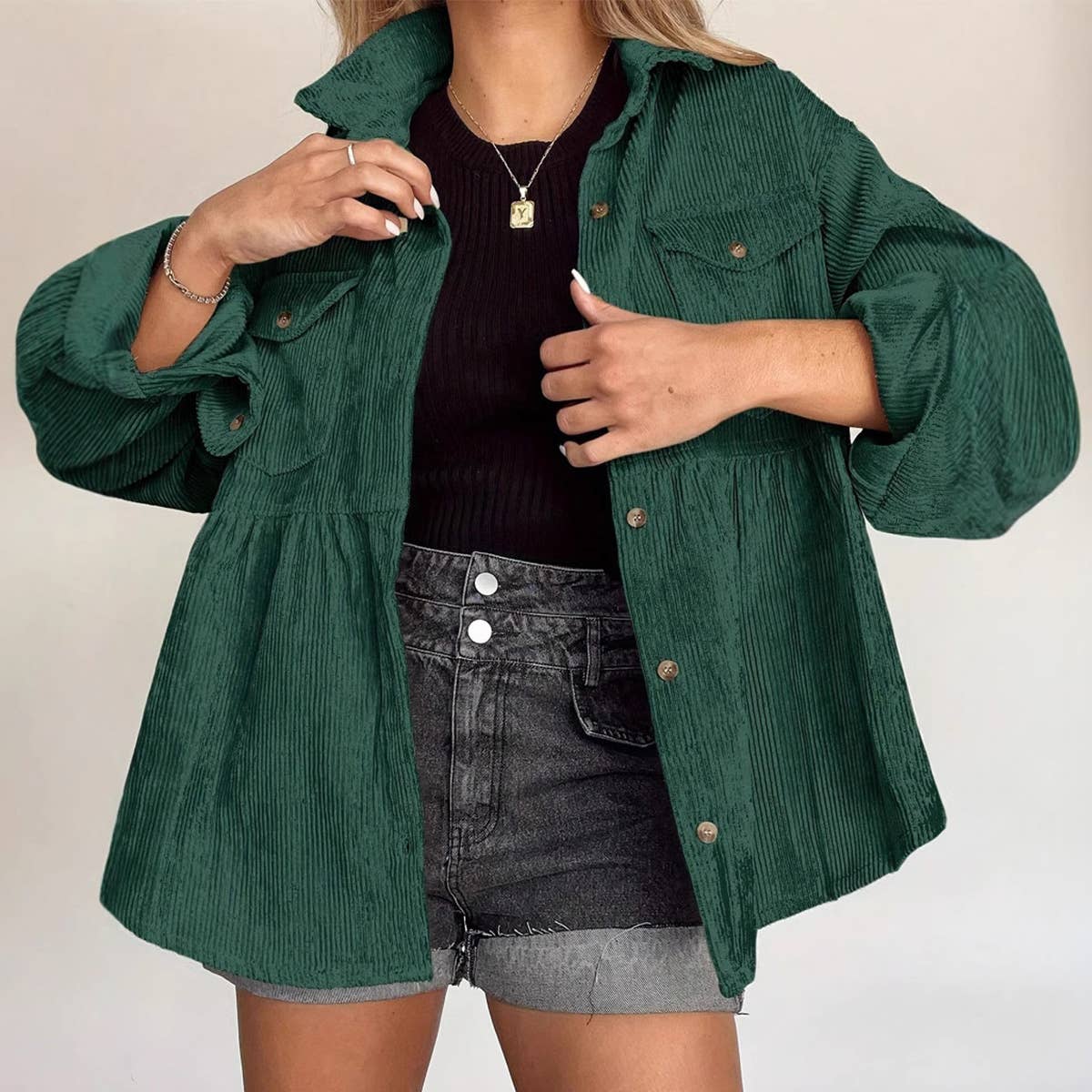 LAPEL SINGLE BREASTED CORDUROY PLEATED COAT