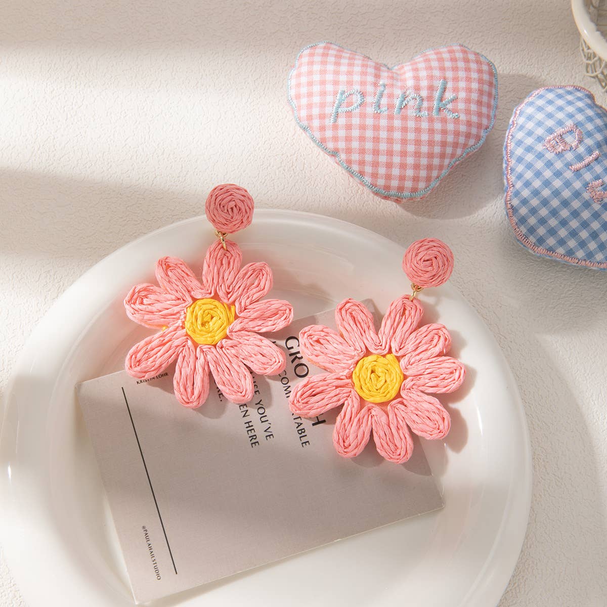 Vacation style raffia woven flower earrings