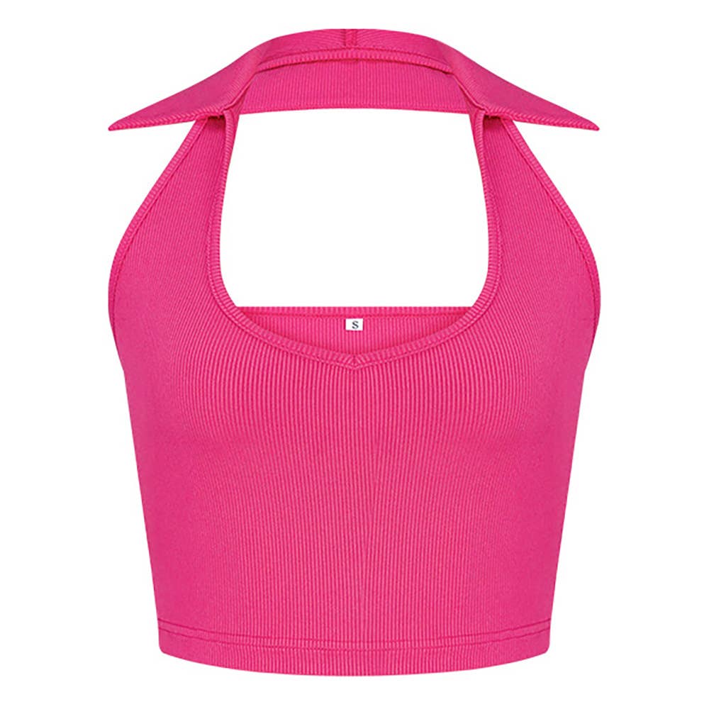 Stylish knitted pit strip lapel cropped tank top