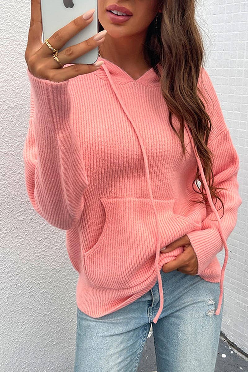 CWOHOL0396_Casual V-Neck Hoodie Long Sleeve Sweater