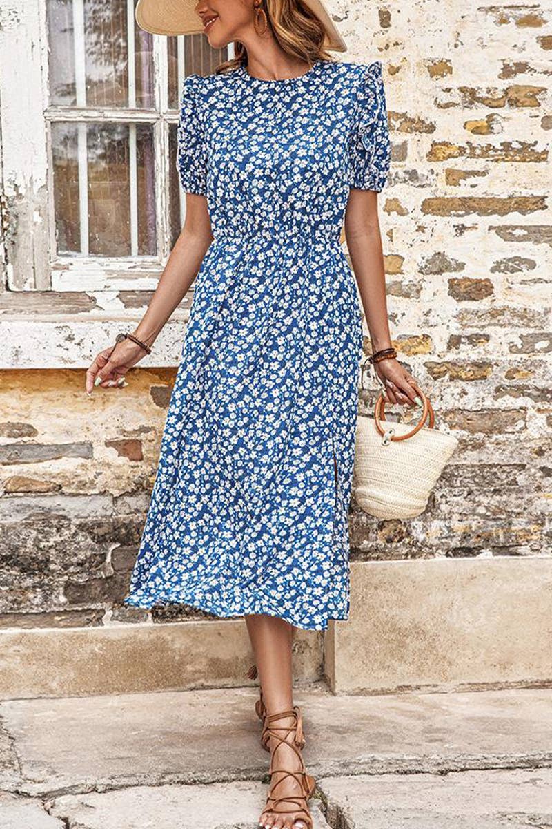 SPLIT-SPLIT FLORAL BLUE DRESS