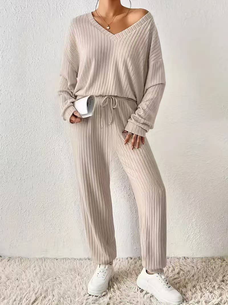 PIT-TRIMMED V-NECK LOOSE LACE-UP TOP PANTS SUIT