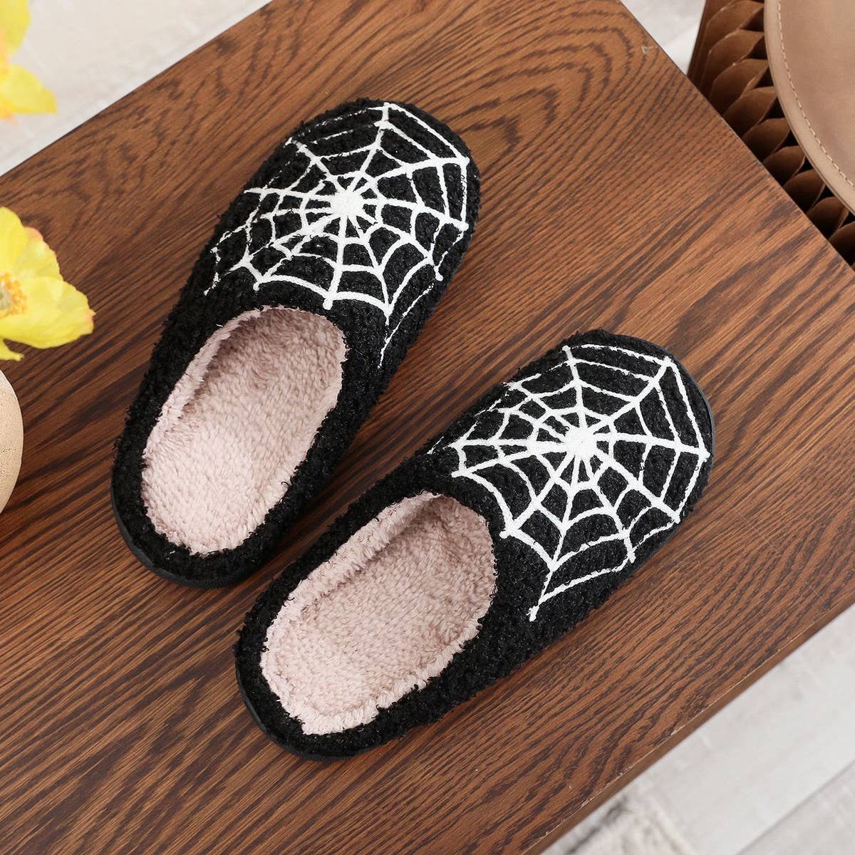 HALLOWEEN SPIDER WEB EMBROIDERED COTTON SLIPPERS