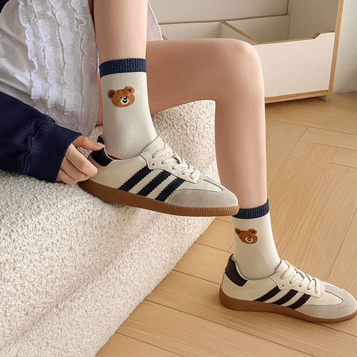 Cute Bear Pattern Cotton Crew Socks for Womens