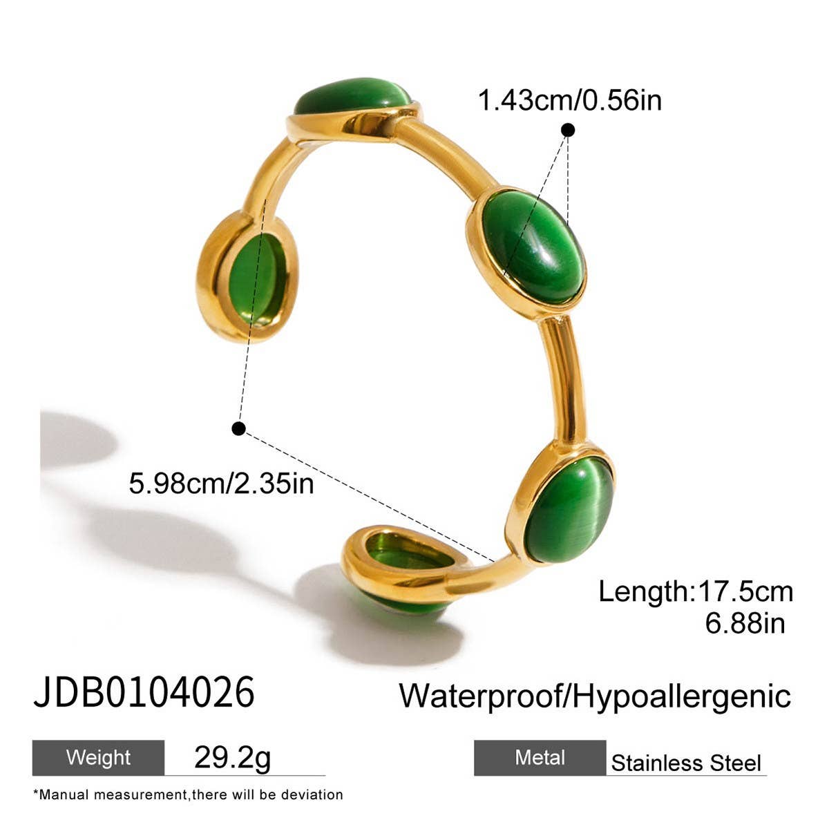 Luxury 18K Gold Green Oval Natural Stone Cuff
