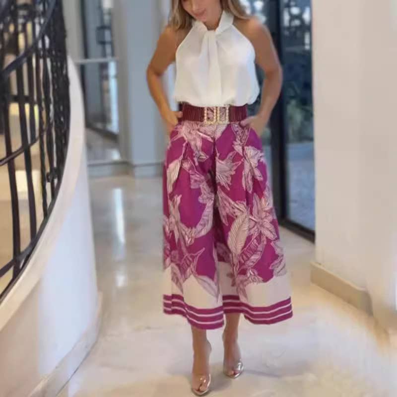 Flowered waisted Bohemian wide-leg pants