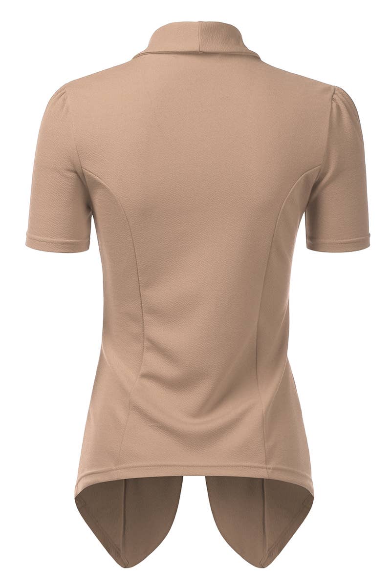 CWOBL095_Short Sleeve Open Front Draped Ruffles Blouses