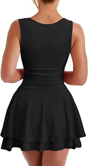 Mini dress with square neck waist pleated hem