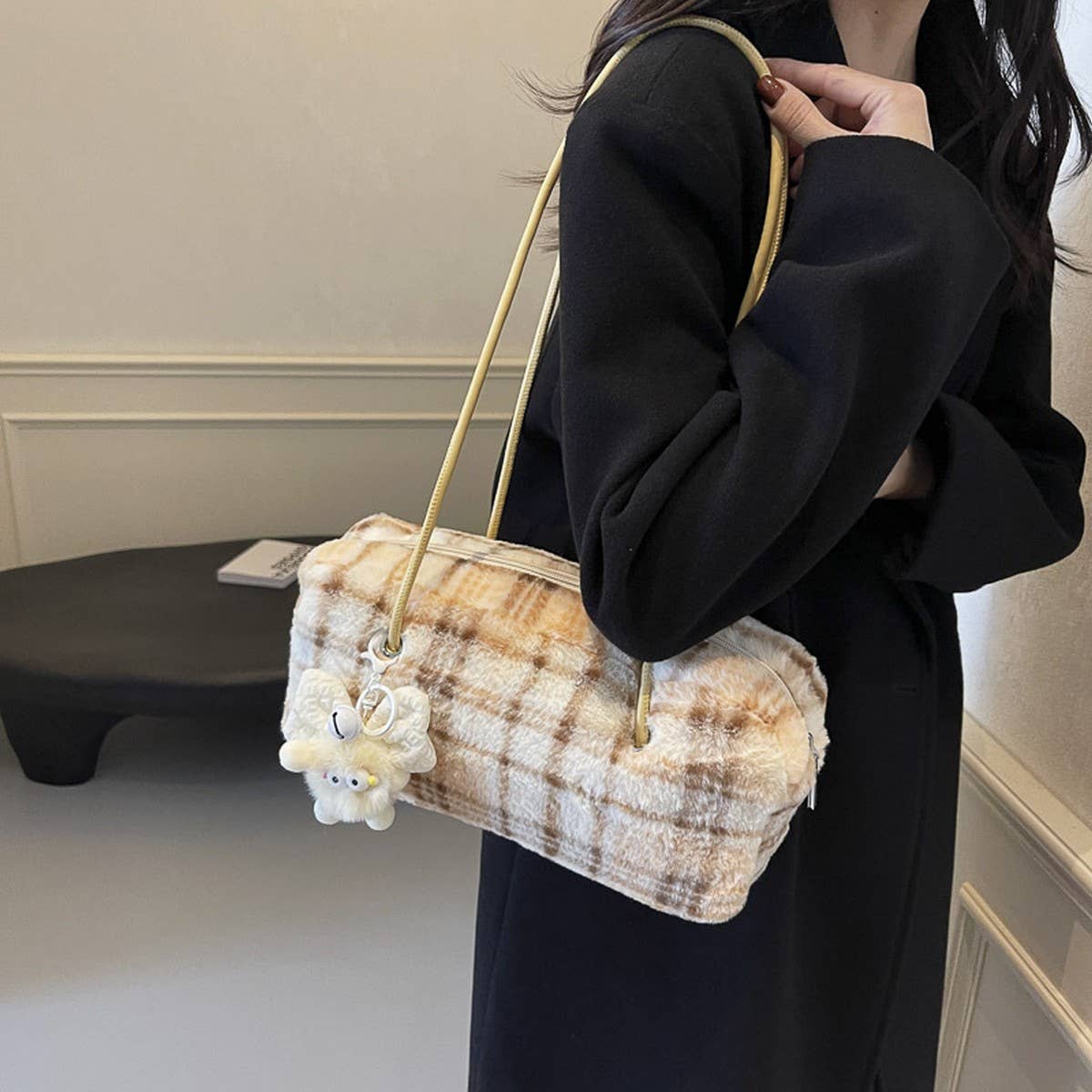 WINTER CASUAL WOOLEN PLAID SHOULDER PLUSH BAG_CWAB3941