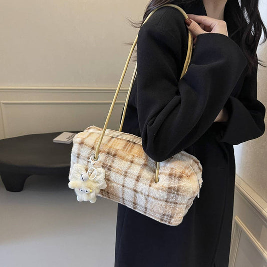 WINTER CASUAL WOOLEN PLAID SHOULDER PLUSH BAG_CWAB3941