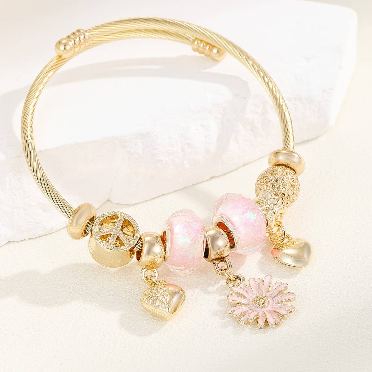 Trendy Gold Steel Bracelet with Enamel Charm